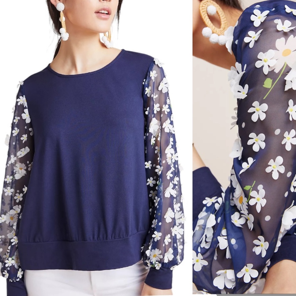 Anthropologie Eva Franco Becky Navy Blue White Daisy Appliqué Top - XS